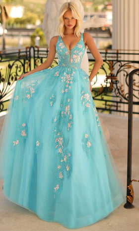Clarisse 810456 V-Neck Sequin Beaded Floor-Length Tulle Dress