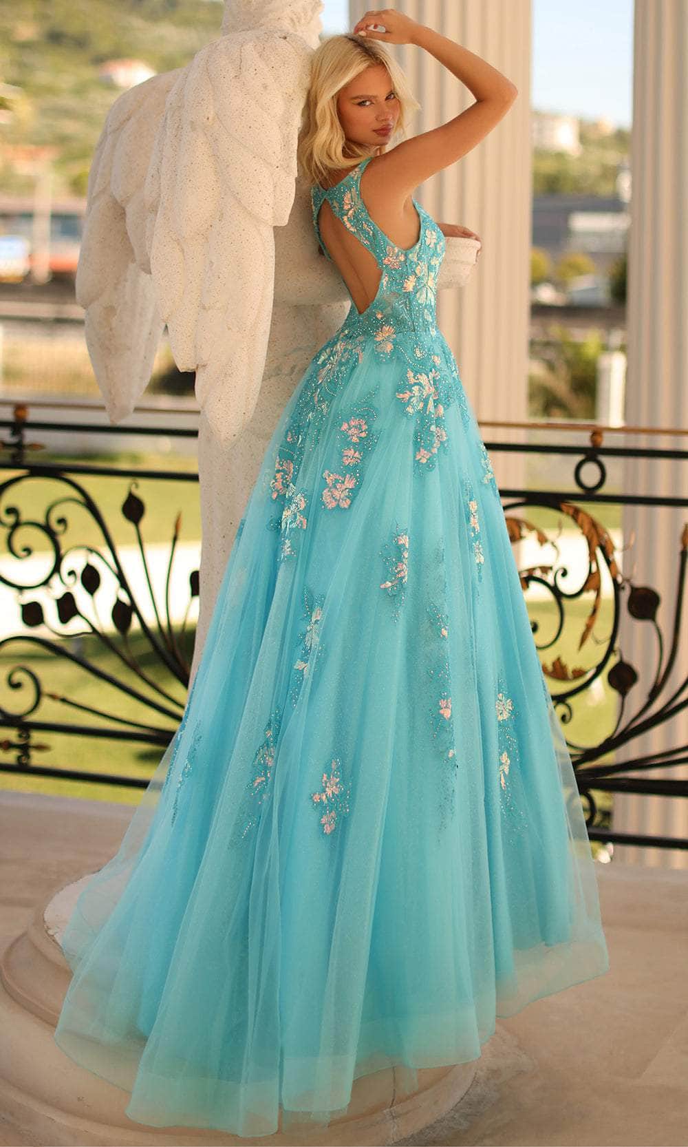 Clarisse 810456 V-Neck Sequin Beaded Floor-Length Tulle Dress
