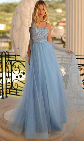 Clarisse 810592 A-Line Beaded Lace Open-Back Floor-Length Tulle Dress