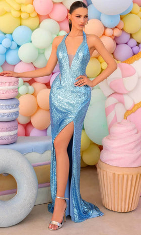 Clarisse 810711 Sheath Halter Sequin Open-Back Floor-Length Sequin Dress