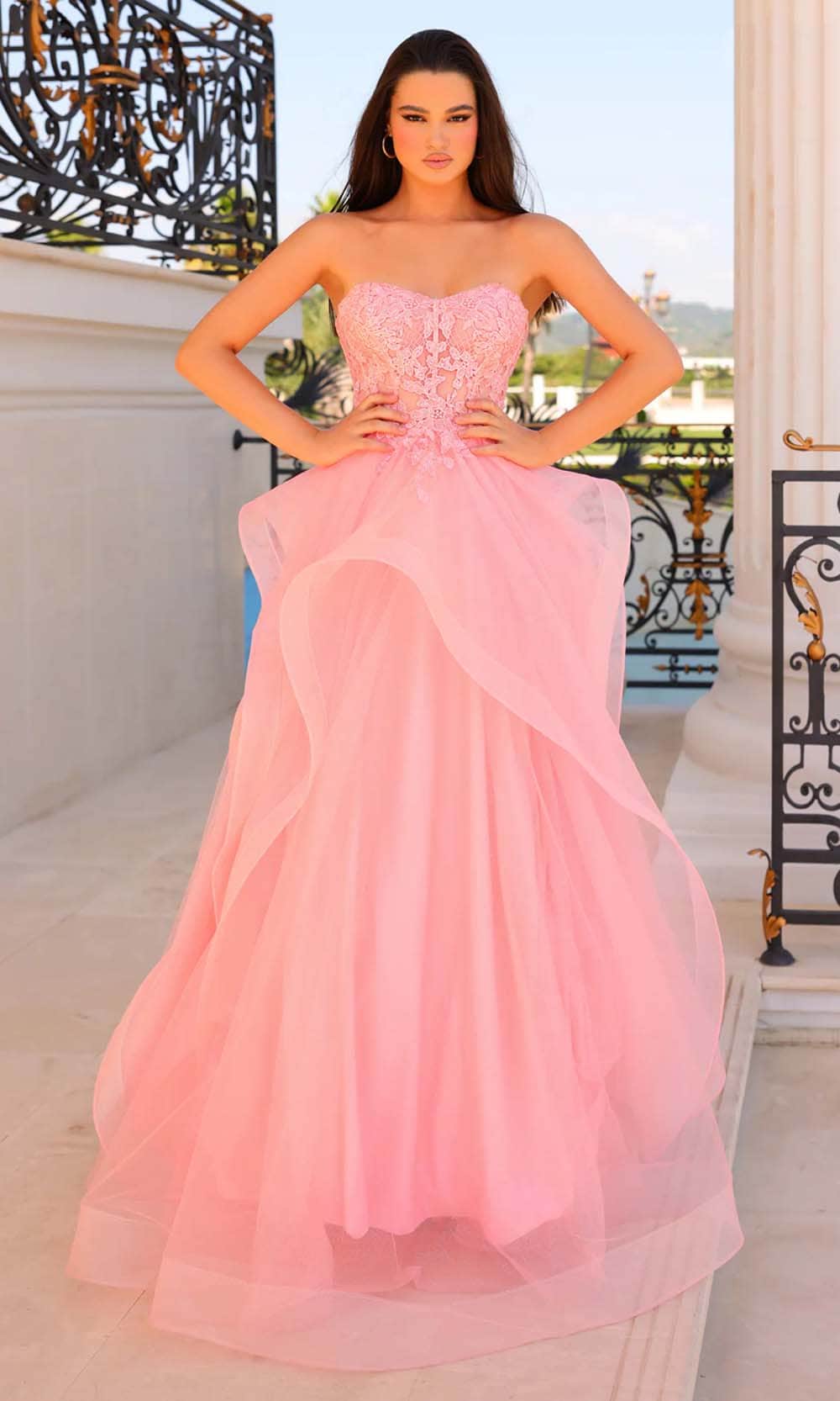 coral colored formal dresses A-Line Strapless Beaded Lace Floor-Length Tulle Gown 810789 by Clarisse Braided Belt bridal shower Knitted Dress Snowflake Jumper Style:Full Lining