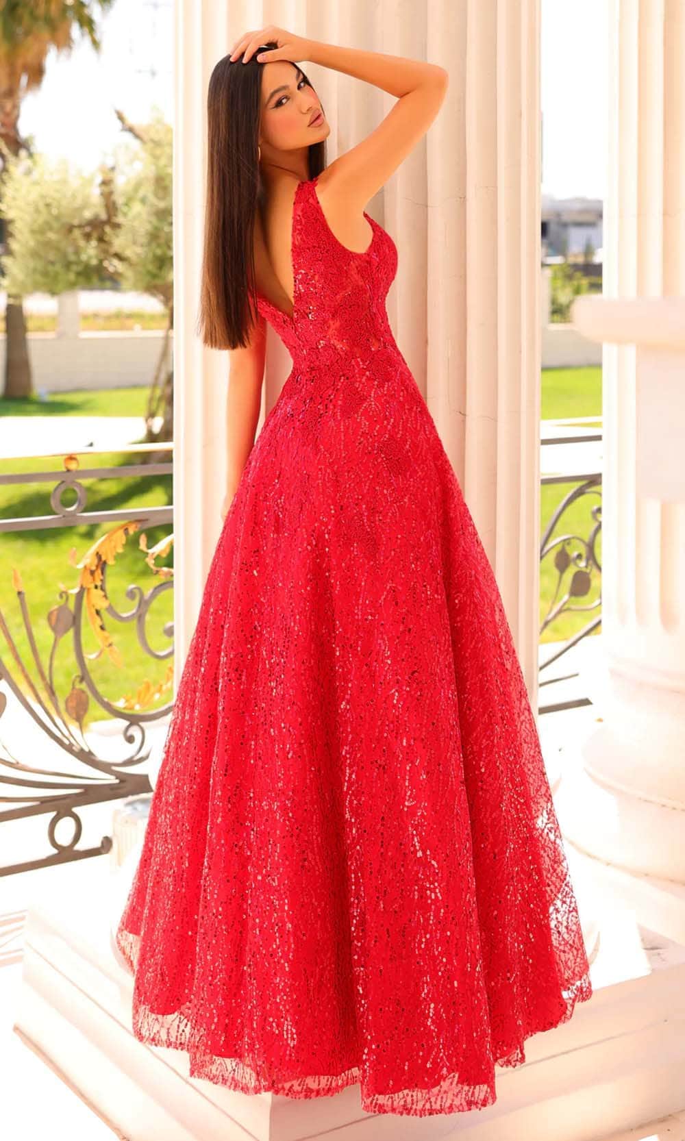 Clarisse 810865 Formal Prom A-Line V-Neck Sequin Floor-Length Lace Dress