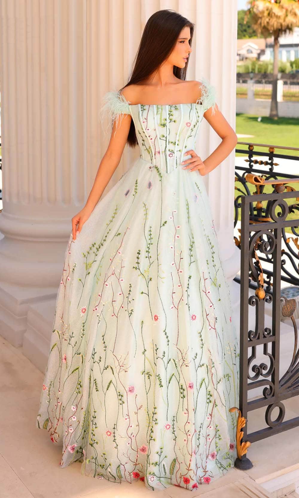 Clarisse 810895 - Feathered Cap Sleeve Prom Gown Prom Dresses 0 / Seafoam