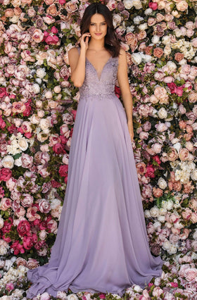 Clarisse 8153 A-Line V-Neck Beaded Open-Back Floor-Length Chiffon Dress