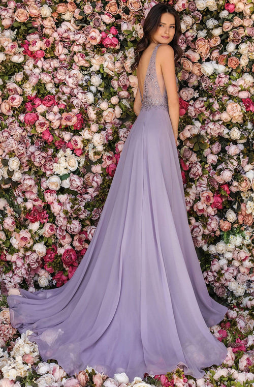 Clarisse 8153 A-Line V-Neck Beaded Open-Back Floor-Length Chiffon Dress