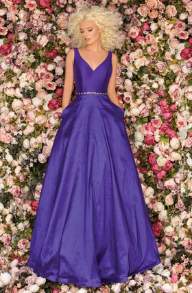 Clarisse 8194 A-Line V-Neck Beaded Floor-Length Blend Dress