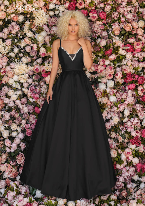Clarisse - 8199 Mikado Plunging V-Neck Ballgown Ball Gowns 0 / Black