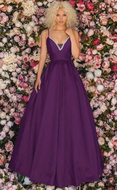 Clarisse - 8199 Mikado Plunging V-Neck Ballgown Ball Gowns 0 / Plum