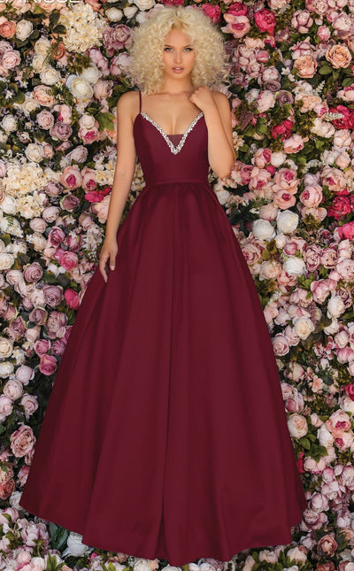 Clarisse - 8199 Mikado Plunging V-Neck Ballgown Ball Gowns 0 / Wine