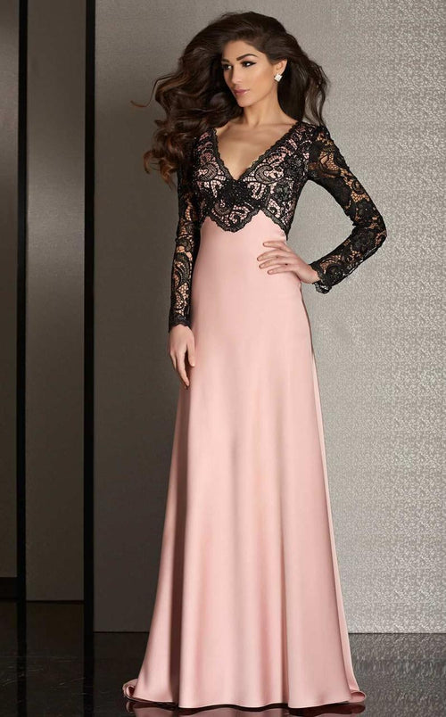 Clarisse - M6222 Lace Sleeved V-neck Dress Special Occasion Dress 10 / Blush/Black