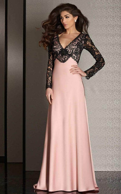 Clarisse M6222 - Lace V-Neck Gown with Sleeves Evening Dresses 14 / Blush/Black