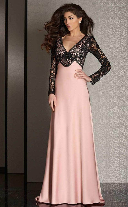 Clarisse M6222 - Lace V-Neck Gown with Sleeves Evening Dresses 14 / Blush/Black