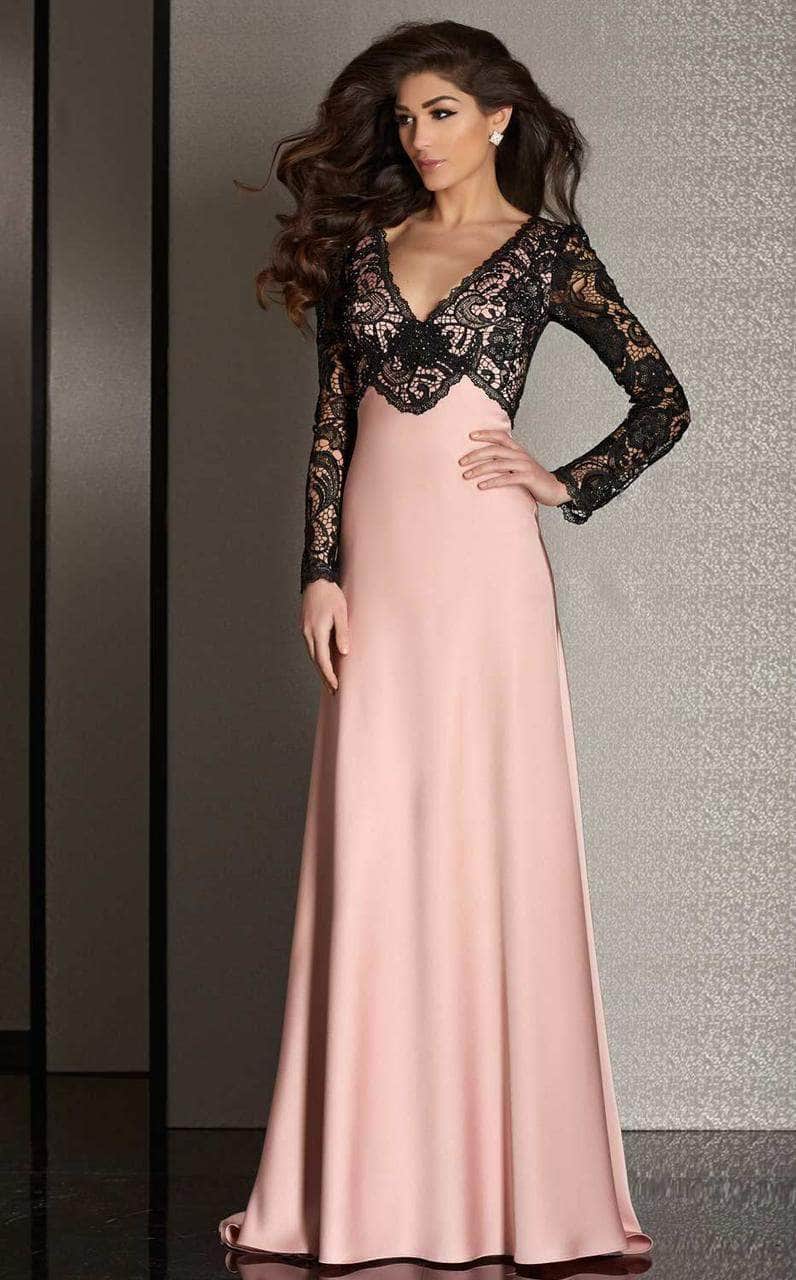 Clarisse M6222 - Lace V-Neck Gown with Sleeves Evening Dresses 14 / Blush/Black