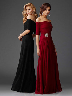 Clarisse M6404 A-Line Off-Shoulder Lace Open-Back Floor-Length Chiffon Dress