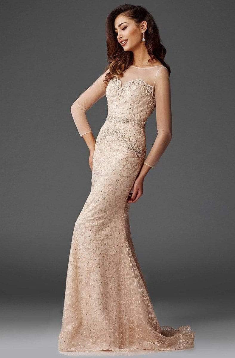Clarisse - M6427 Mesh Sleeved Embroidered Long Gown Special Occasion Dress 10 / Champagne
