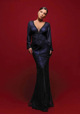 Clarisse M6431 V-Neck Beaded Lace Open-Back Floor-Length Lace Dress