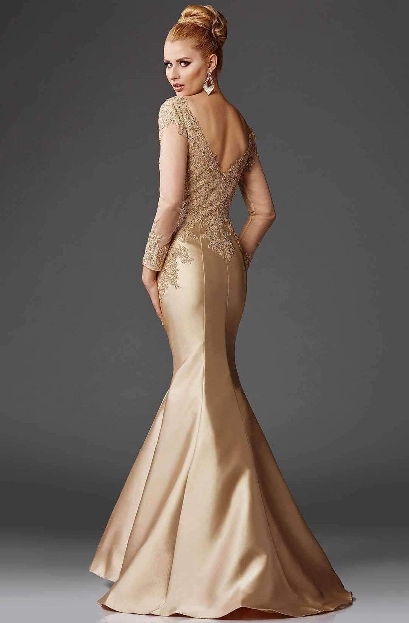 Clarisse - M6436 Embellished V-neck Trumpet Dress Special Occasion Dress 10 / Gold