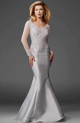 Clarisse M6436 Fit-and-Flare V-Neck Beaded Lace Floor-Length Lace Dress