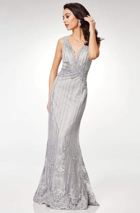 Clarisse M6501 Formal Sheath V-Neck Beaded Lace Floor-Length Lace Dress