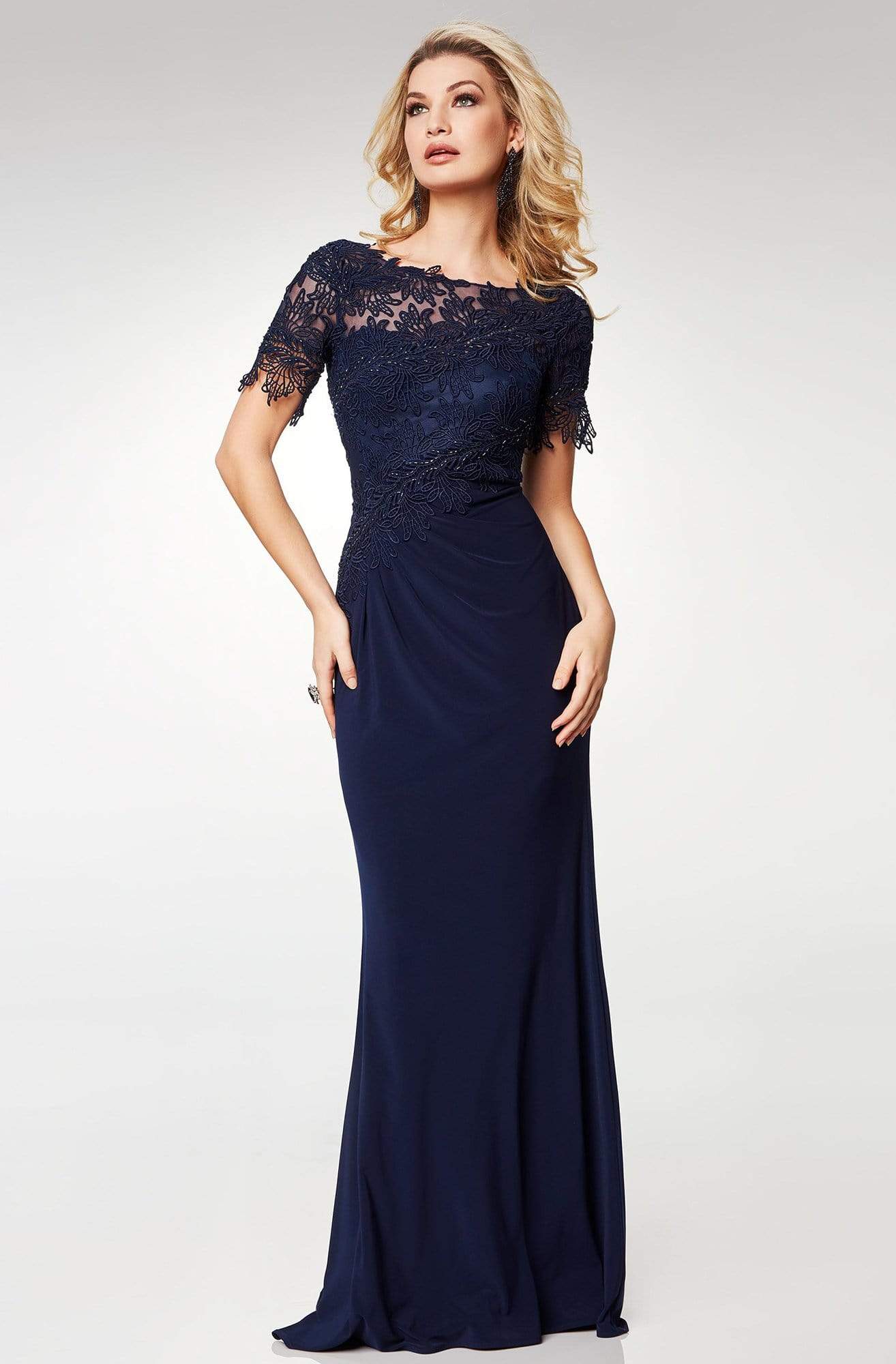 Clarisse - M6517 Lace Illusion Bateau Chiffon Trumpet Dress Special Occasion Dress 6 / Navy