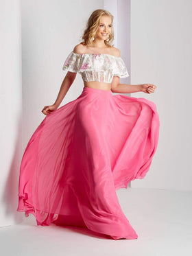Clarisse 3531 A-Line Off-Shoulder Lace Ruffled Floor-Length Chiffon Dress