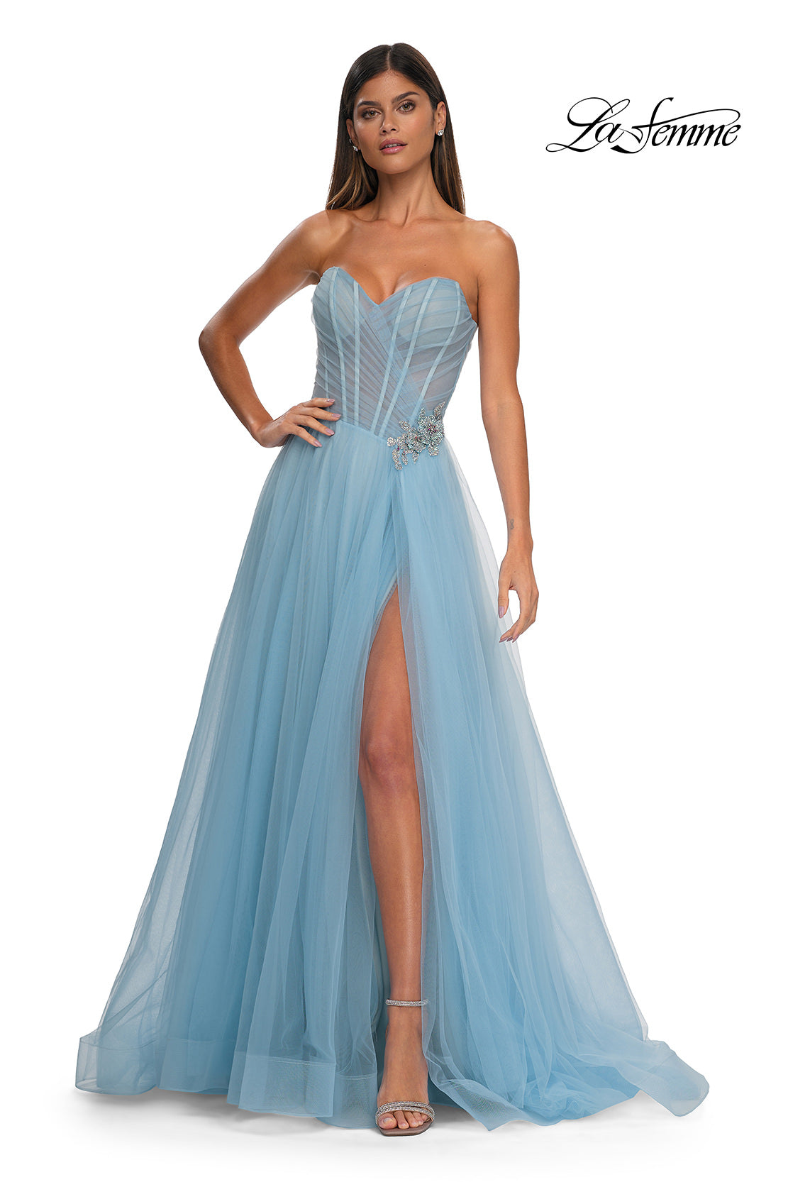 La Femme 32789 Criss Cross Ruched Bodice A-Line Prom Gown