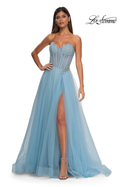La Femme 32789 Criss Cross Ruched Bodice A-Line Prom Gown