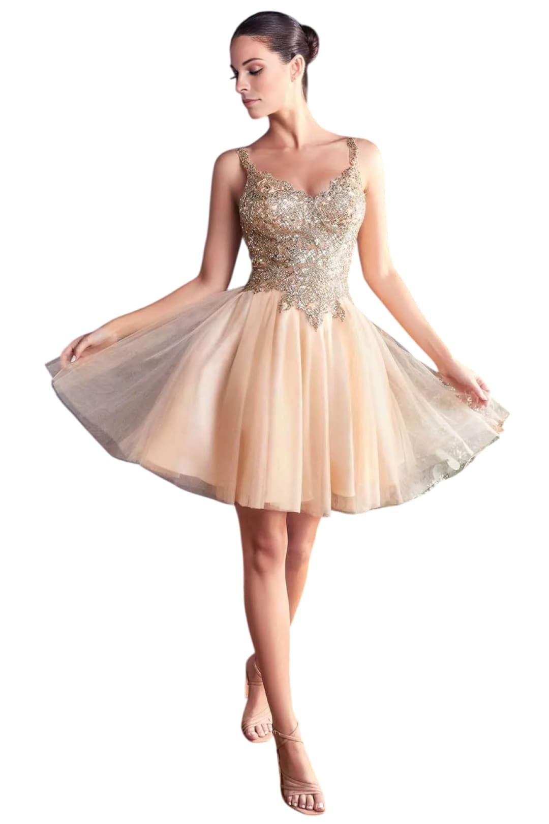 Cocktail Dress 2025 Adorned V-Neck A-Line Party Gown - Champagne-Gold / XS - Prom