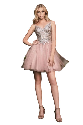 Cocktail Dress 2025 Adorned V-Neck A-Line Party Gown - Rose Gold / XS - Prom