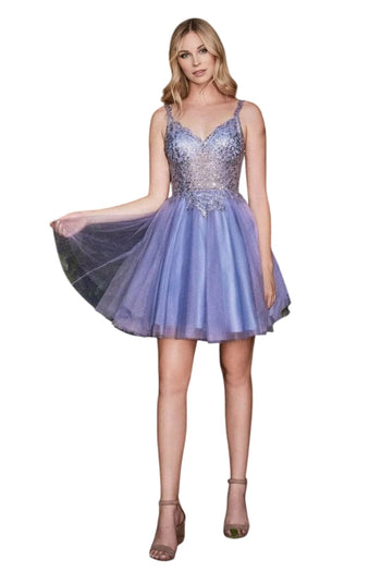 Cocktail Dress 2025 Adorned V-Neck A-Line Party Gown - Smoky Blue / XS - Prom