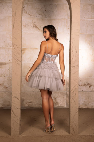 Cocktail Party dress with A Line 3D Floral Applique V-Neck By May Queen MQ2097 - SILVER / 2 - Dress