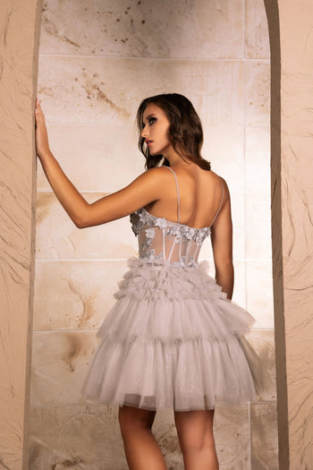 Cocktail Party dress with A Line 3D Floral Applique V-Neck By May Queen MQ2097 - SILVER / 2 - Dress