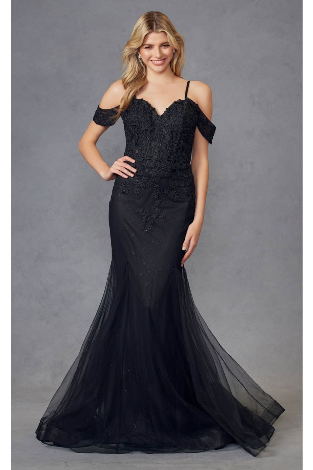 Cold Shoulder Appliqué Mermaid Gown by Juliet 281
