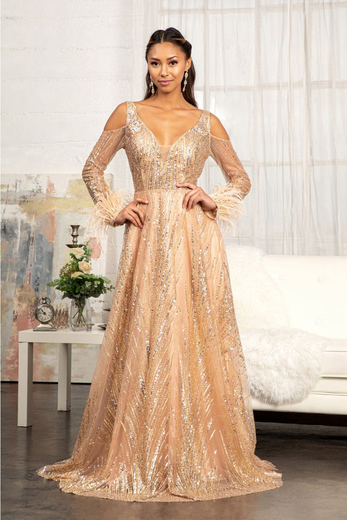 Cold Shoulder Glitter Gown by Elizabeth K GL3041 - XS / Rose Gold - Long Formal Dresses