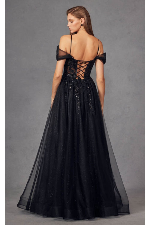 Cold Shoulder Sequin Appliqué Prom Gown by Juliet JT2466A - Dress