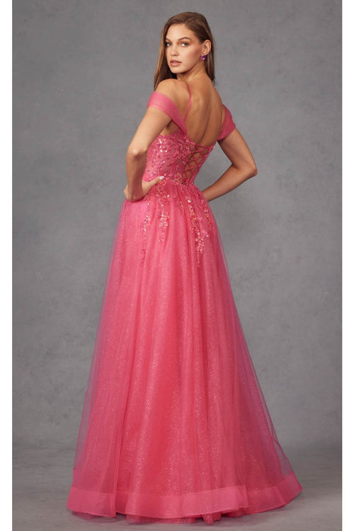 Cold Shoulder Sequin Appliqué Prom Gown by Juliet JT2466A - Dress