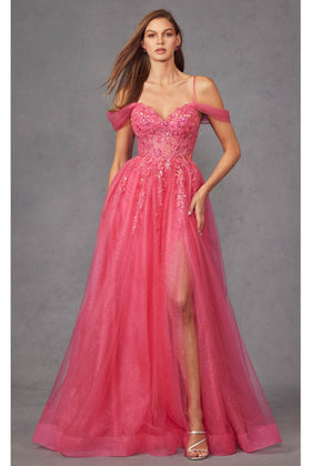 Cold Shoulder Sequin Appliqué Prom Gown by Juliet JT2466A