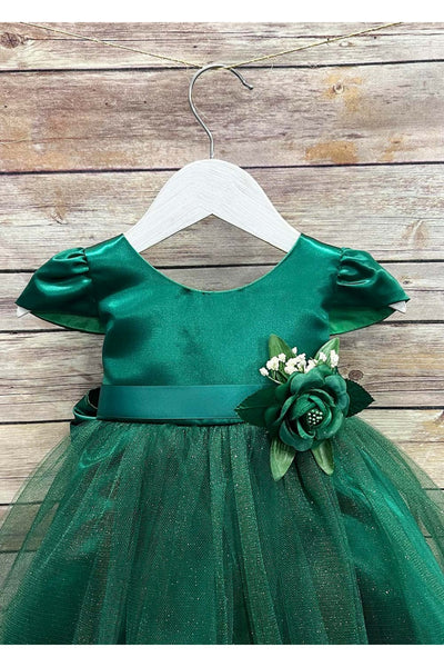 Satin & Tulle Flower Dress with Bow and Floral Waist by Bella Princess 212B-A1