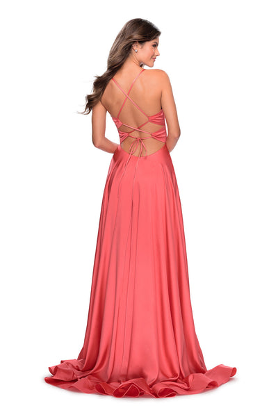 Satin A-Line Prom Dress with V-Neck Lace-Up Back & Thigh Slit Dress by La Femme 28571