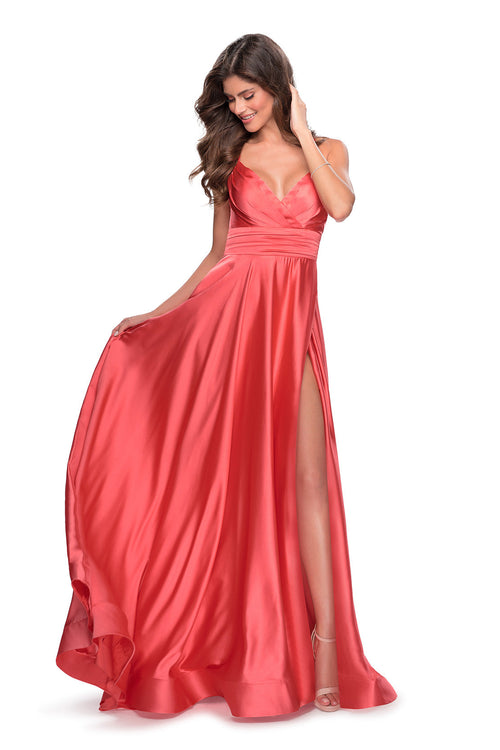 Satin A-Line Prom Dress with V-Neck Lace-Up Back & Thigh Slit Dress by La Femme 28571