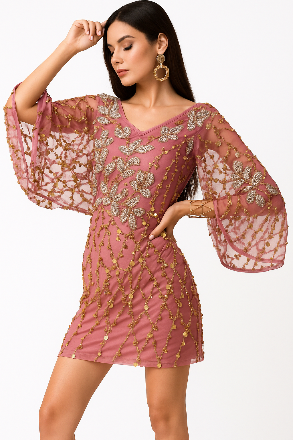 Beaded Scoop Neck Dress with Bat Sleeves CF19200124 by FG