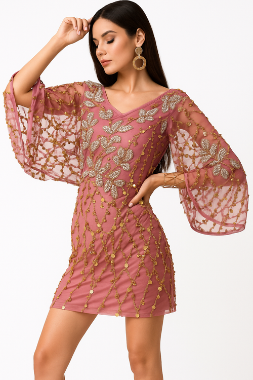 Vestido de cuello redondo con cuentas y mangas murciélago CF19200124 de FG