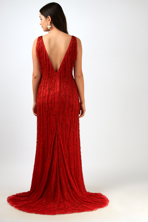 Vestido de tul con flecos y escote en V, corte A, CF19200131 de FG
