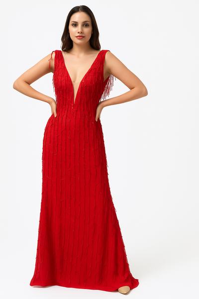 Fringed Tulle A-Line V-Neck Dress CF19200131 by FG