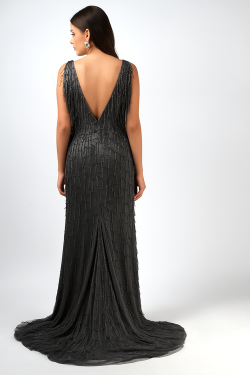 Vestido de tul con flecos y escote en V, corte A, CF19200131 de FG