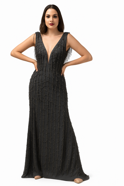 Fringed Tulle A-Line V-Neck Dress CF19200131 by FG