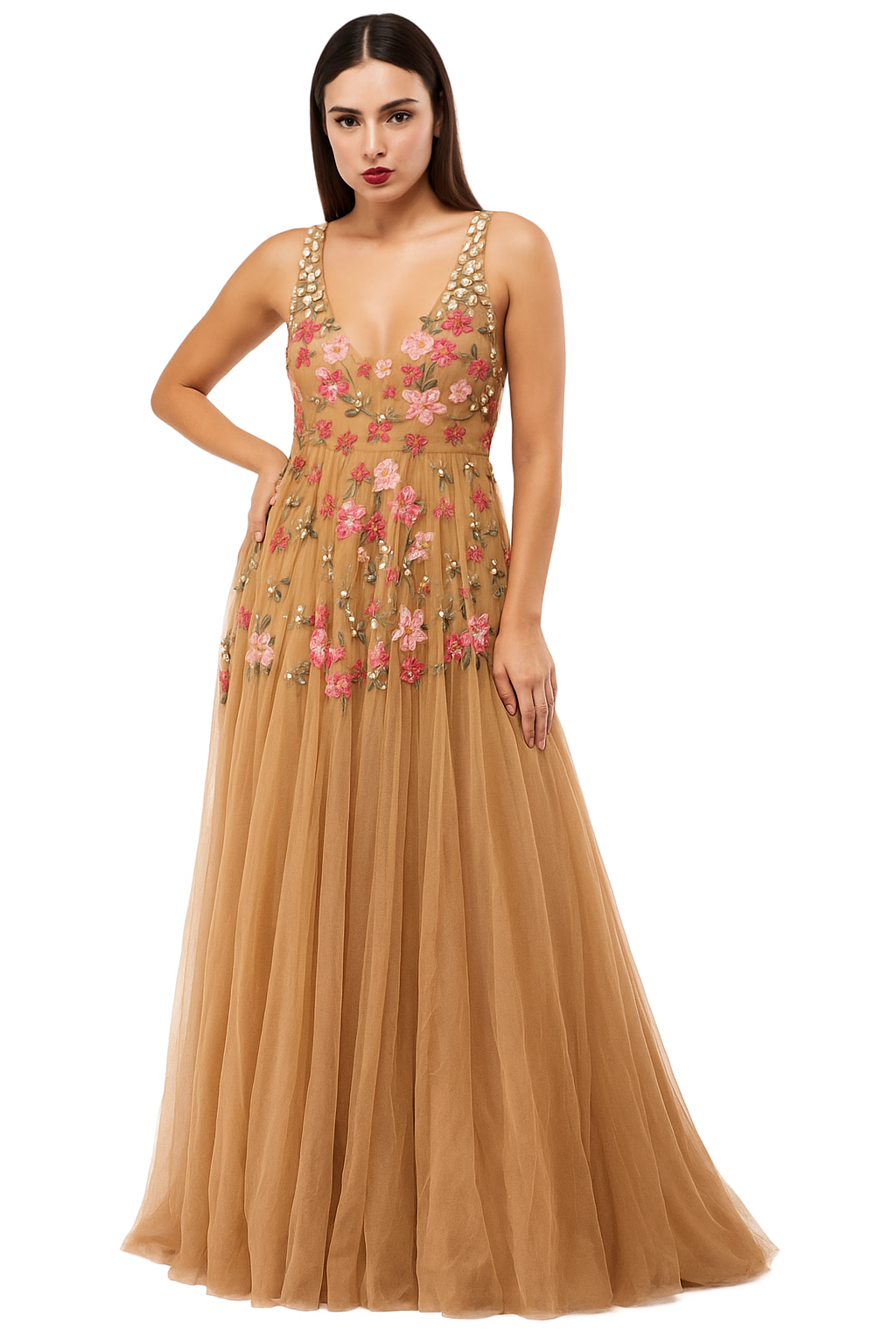 Vestido de tul con escote en V y detalles de alta costura hechos a mano CF19201111 de FG