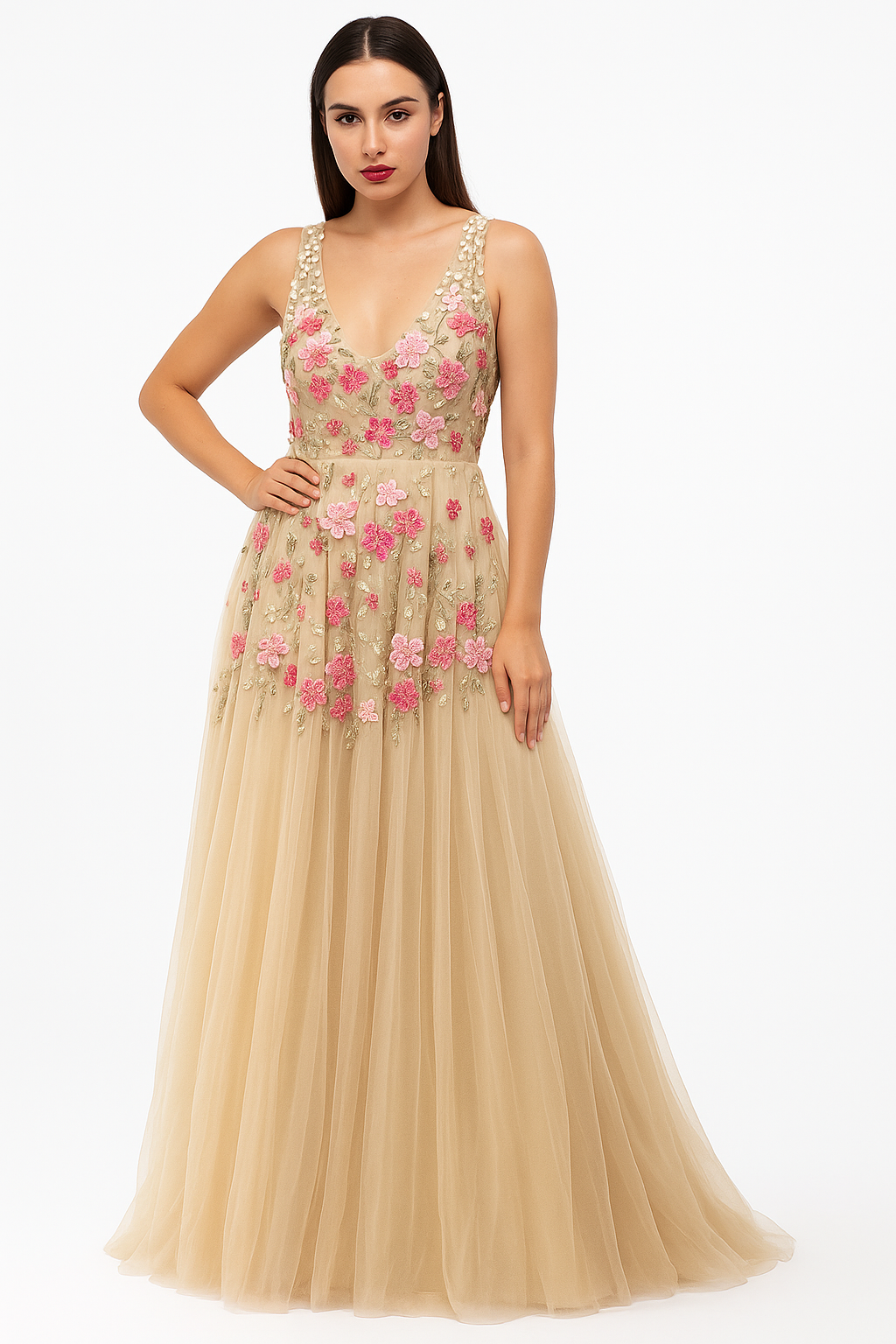 Vestido de tul con escote en V y detalles de alta costura hechos a mano CF19201111 de FG