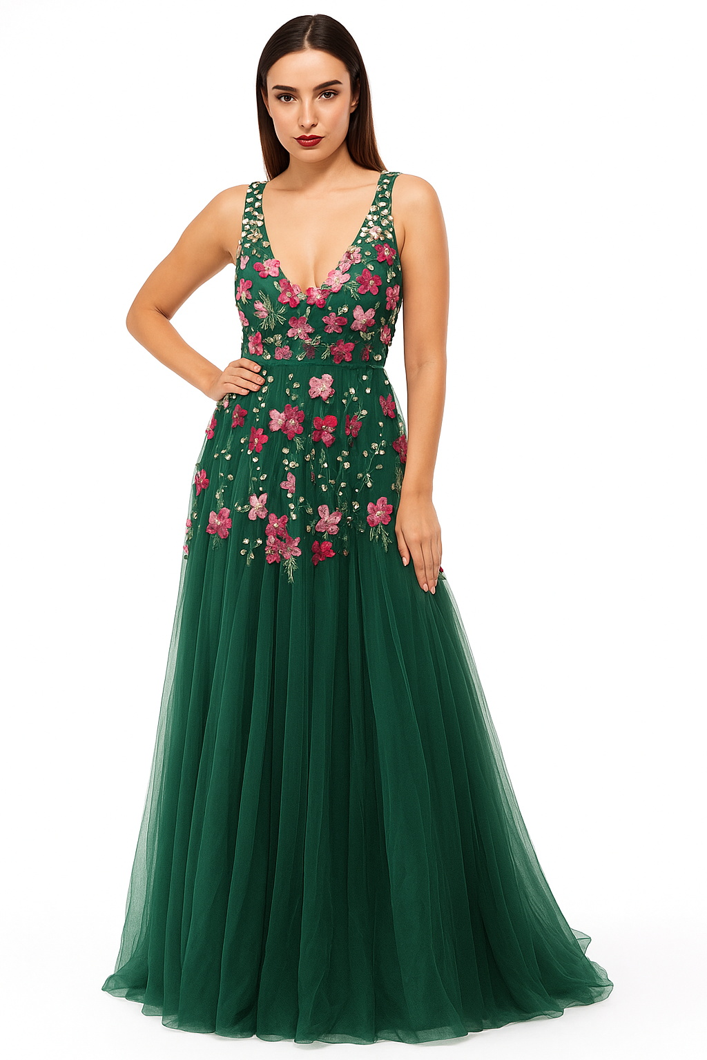 Vestido de tul con escote en V y detalles de alta costura hechos a mano CF19201111 de FG