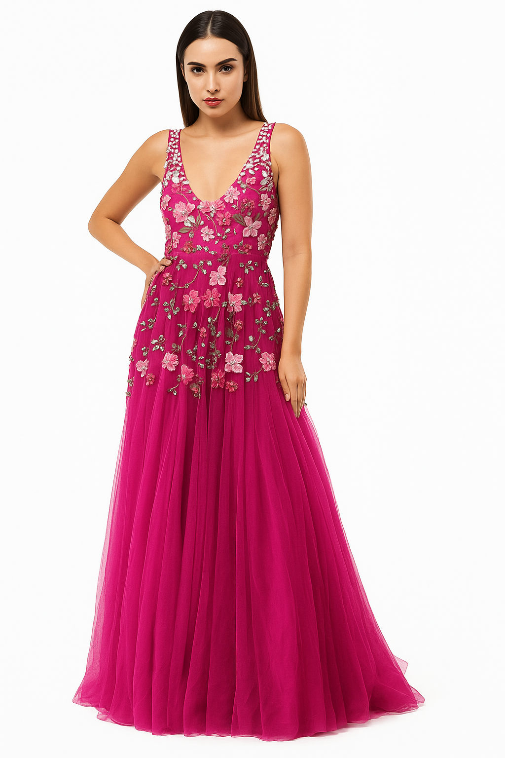 Vestido de tul con escote en V y detalles de alta costura hechos a mano CF19201111 de FG